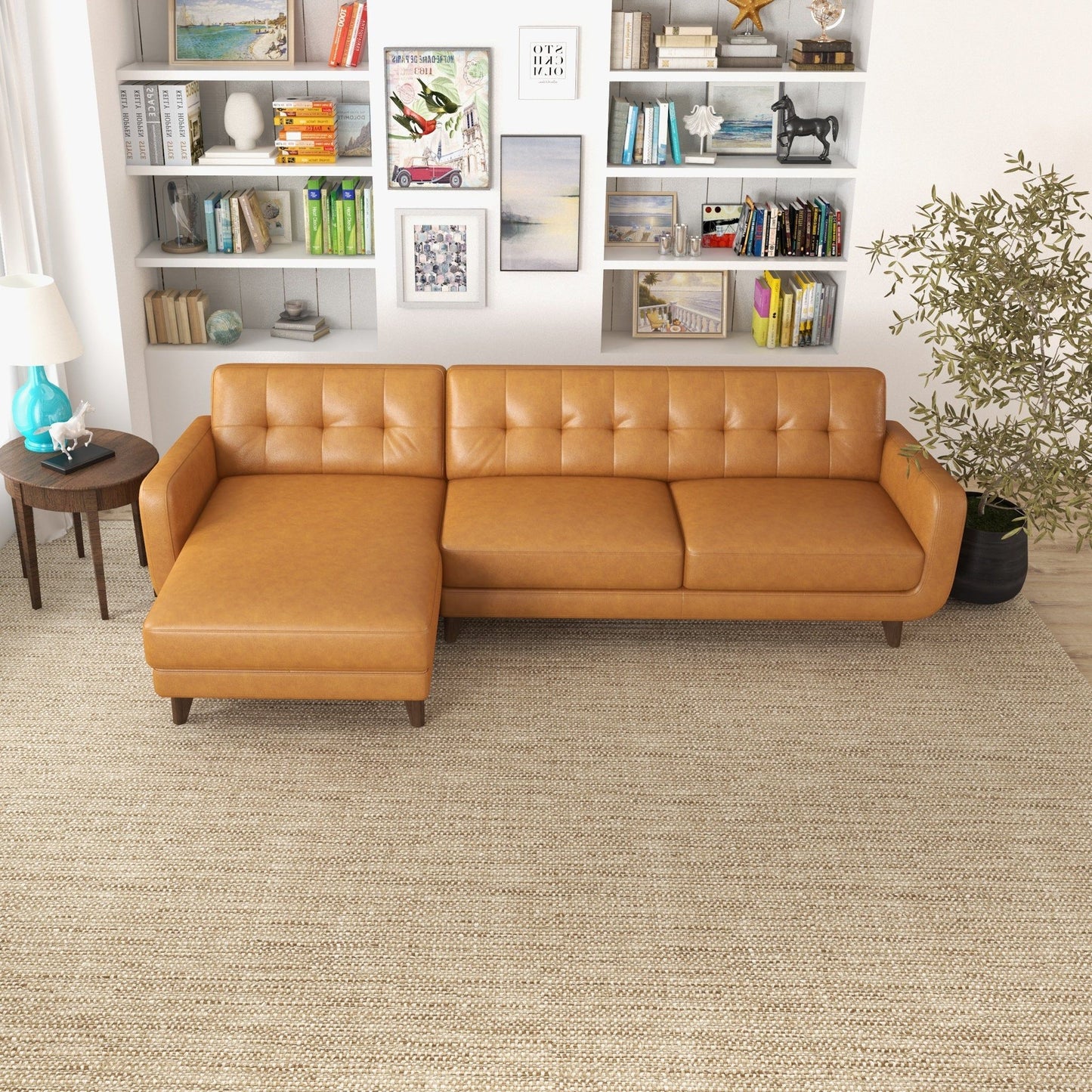 Allison - Left Facing Leather Sectional Sofa - Tan