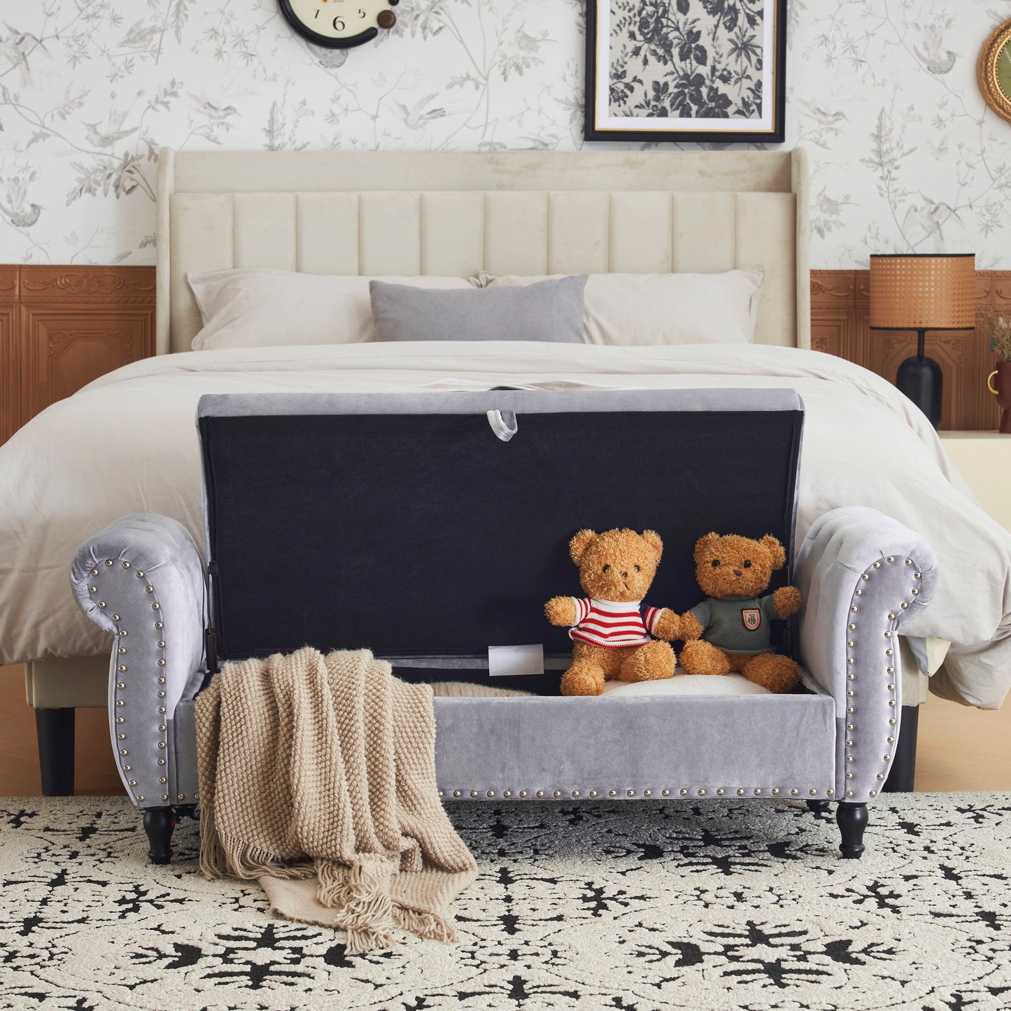 Velvet Multifunctional Storage Rectangular Ottoman Bench With Pillow - Gray