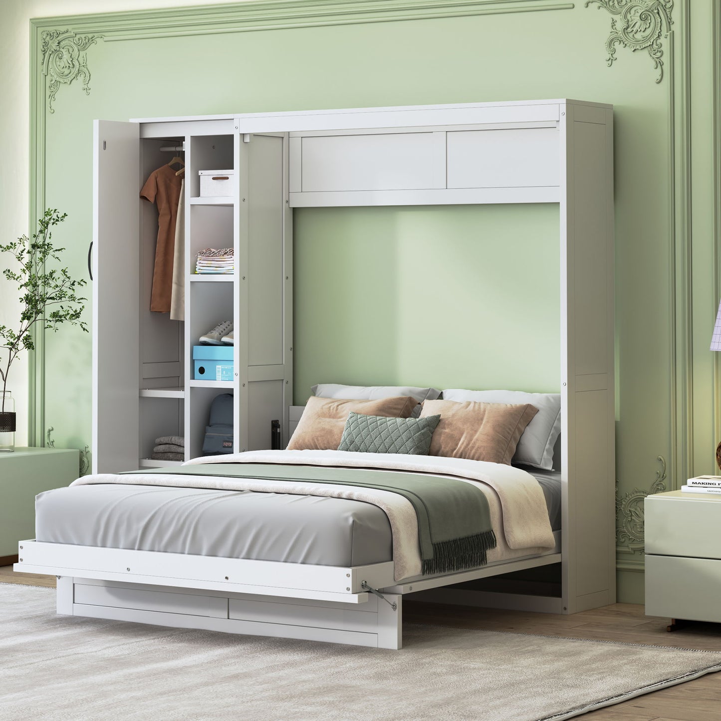 Full Size Murphy Wall Bed With Shelves, Wardrobe And LED Lights - White