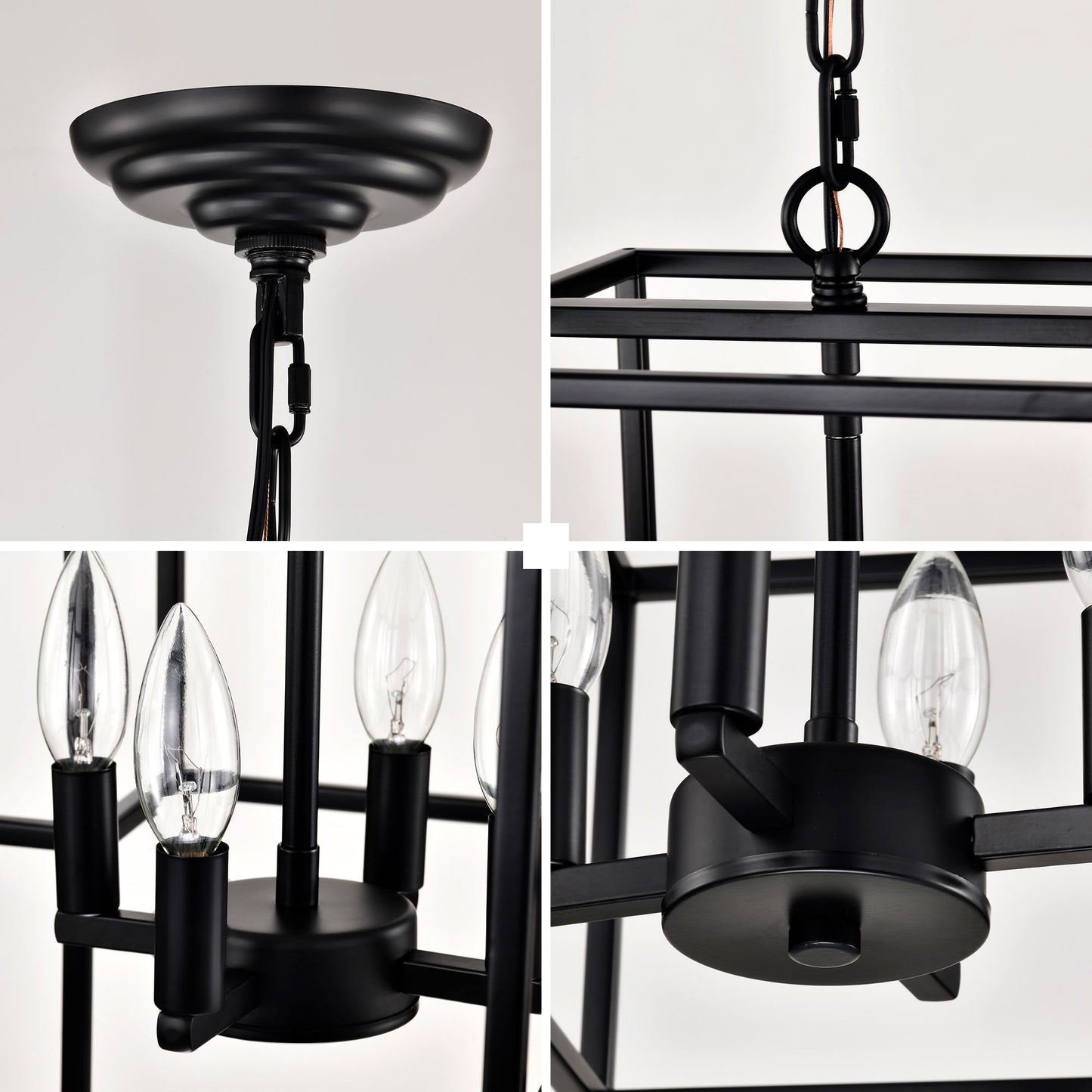 4 Light Metal Lantern Tiered Pendant Hanging Light Fixtures, Industrial Farmhouse Adjustable Height Chandeliers For Dining Room Hallway Foyer Entryway (E12 Bulbs Not Included) - Matte Black