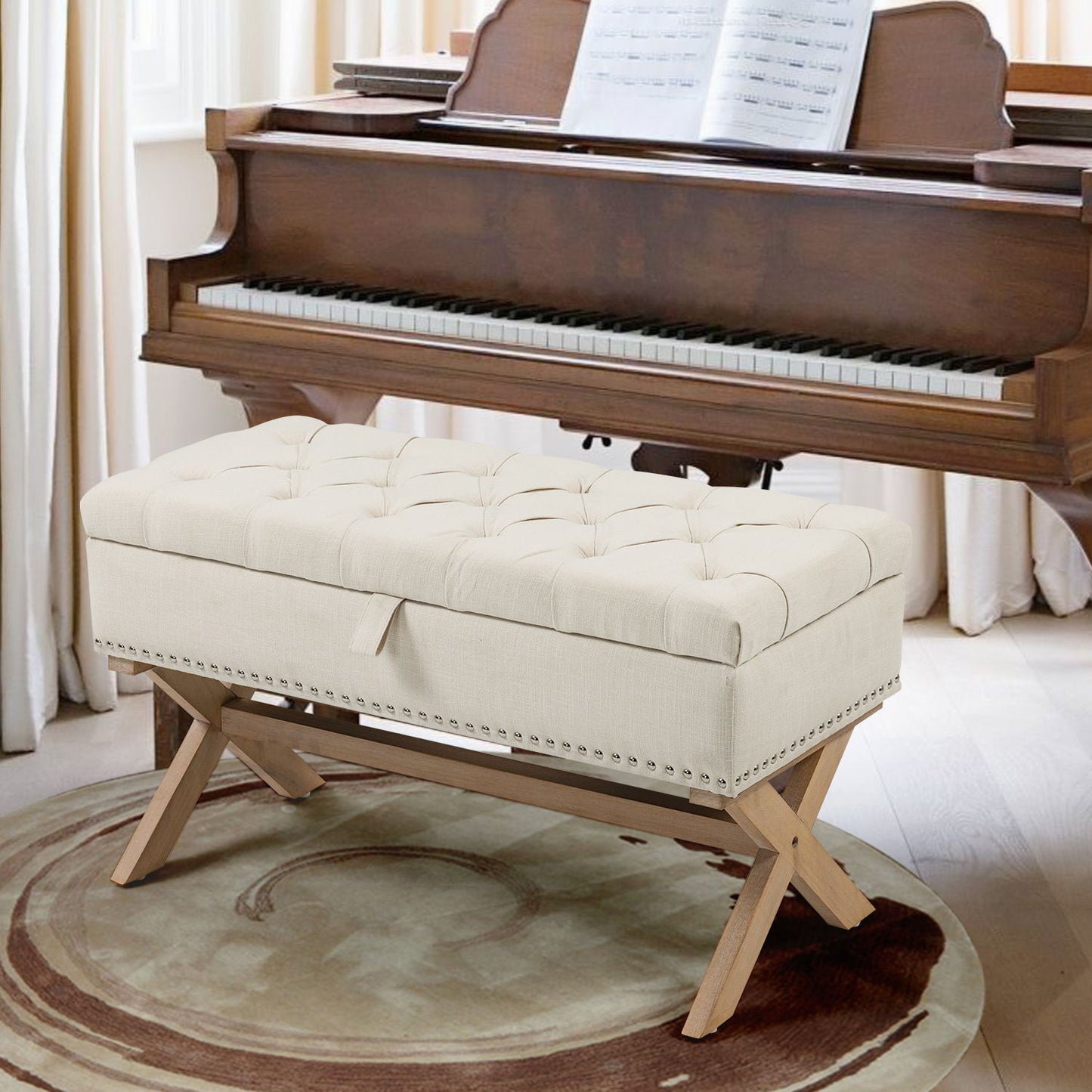Storage Ottoman, Button-Tufted Ottoman Linen Storage Bench, Ottoman With Storage - Light Beige