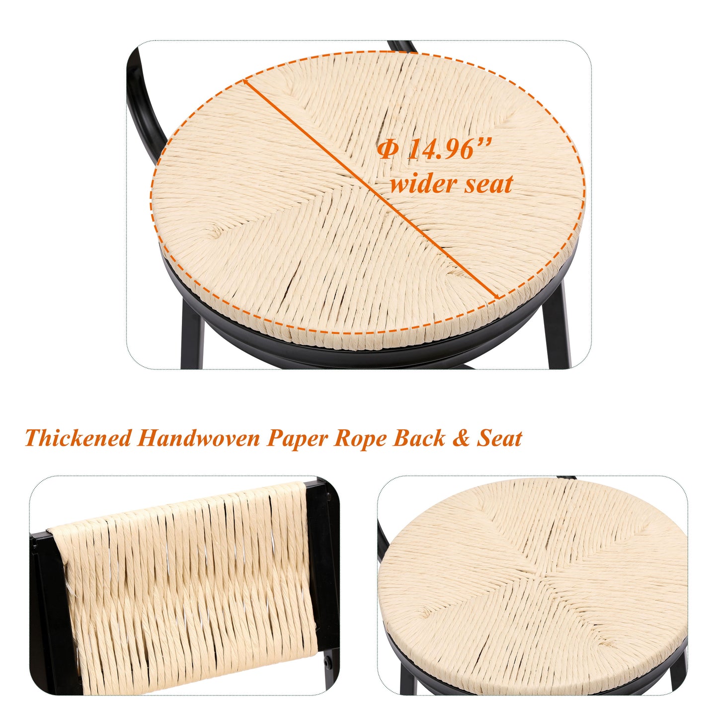 Bar Stools Swivel Counter Chairs With Metal Frame (Set of 2) Hand Woven Paper Rope Dining Barstools For Kitchen Counter - Creamy White