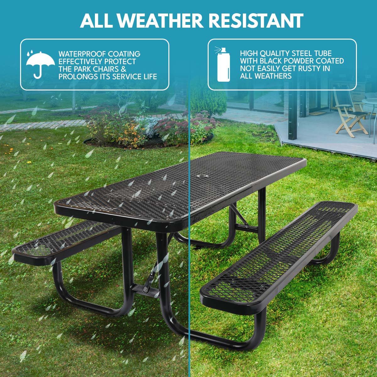 Outdoor Steel Picnic Rectangular Table With Umbrella Pole - Black