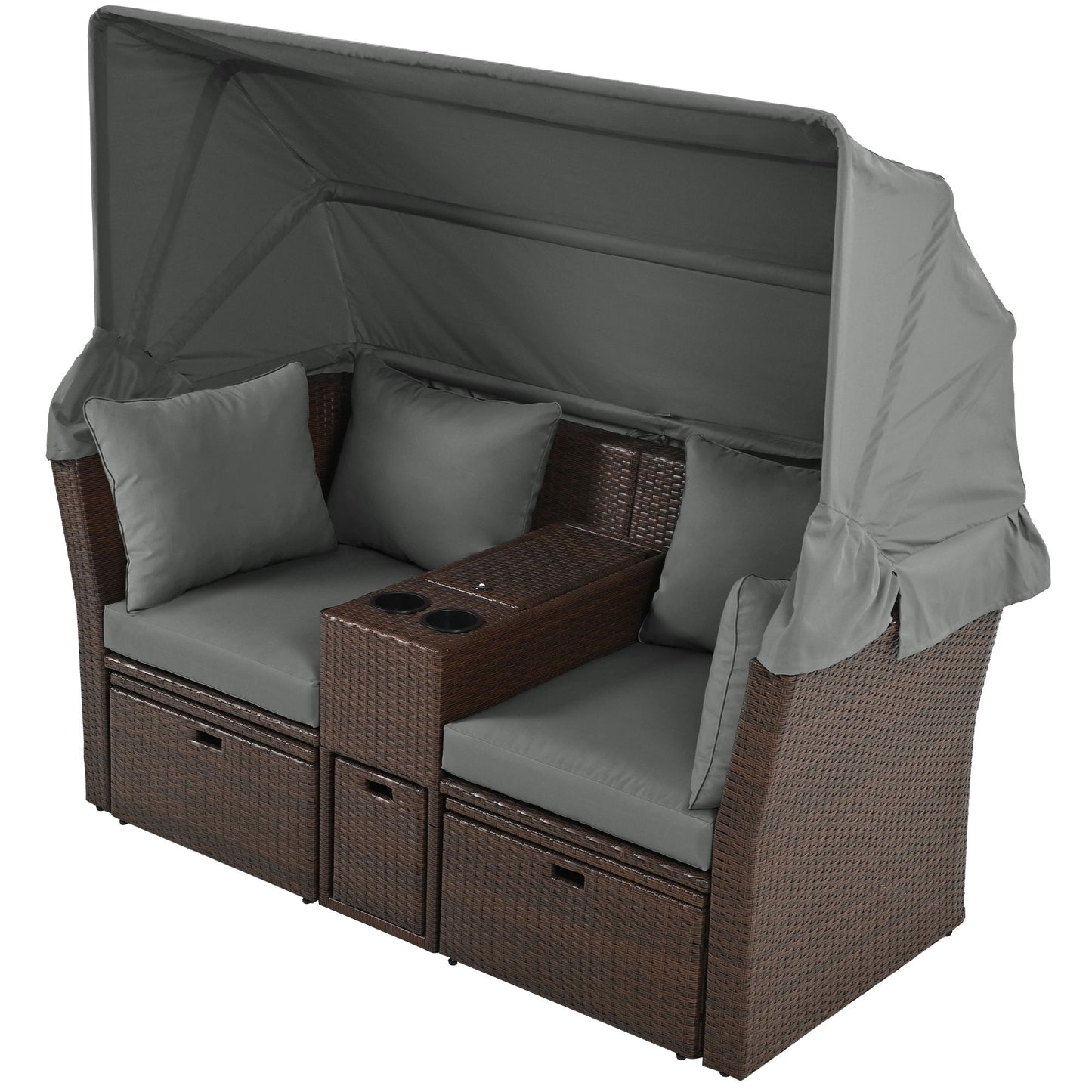 2 Seater Outdoor Patio Daybed Outdoor Double Daybed Outdoor Loveseat Sofa Set With Foldable Awning And Cushions For Garden, Balcony, Poolside - Gray