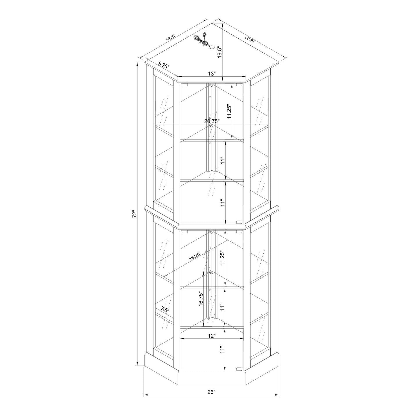 6 Shelf Corner Curio Display Cabinet With Lights, Mirrors And Adjustable Shelves (E26 Light Bulb Not Included) - Cherry