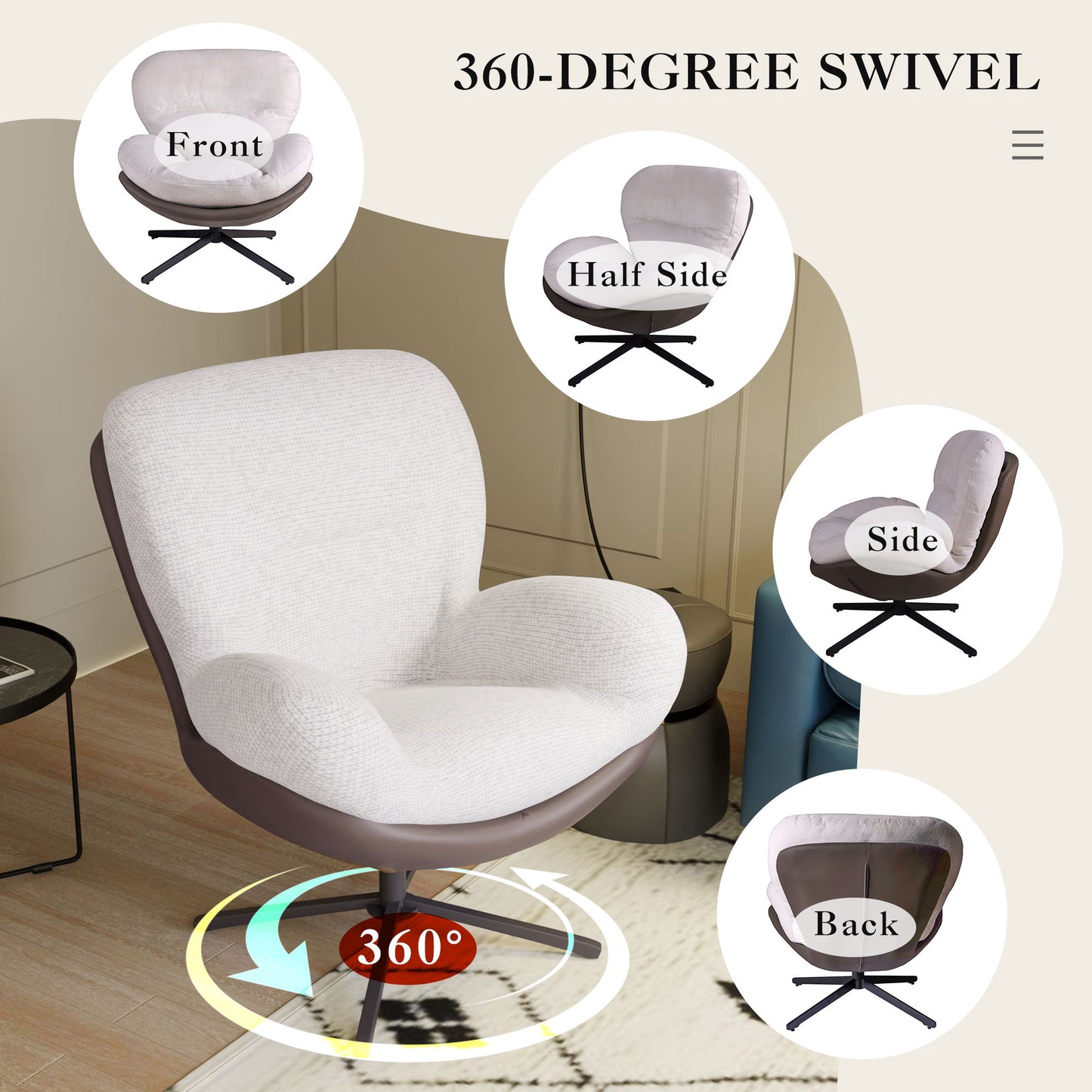 360ÔøΩÔøΩ Swivel Office Chair, Modern Chenille Chair With And Metal Base Frame, No Wheels, Accent Chair - White