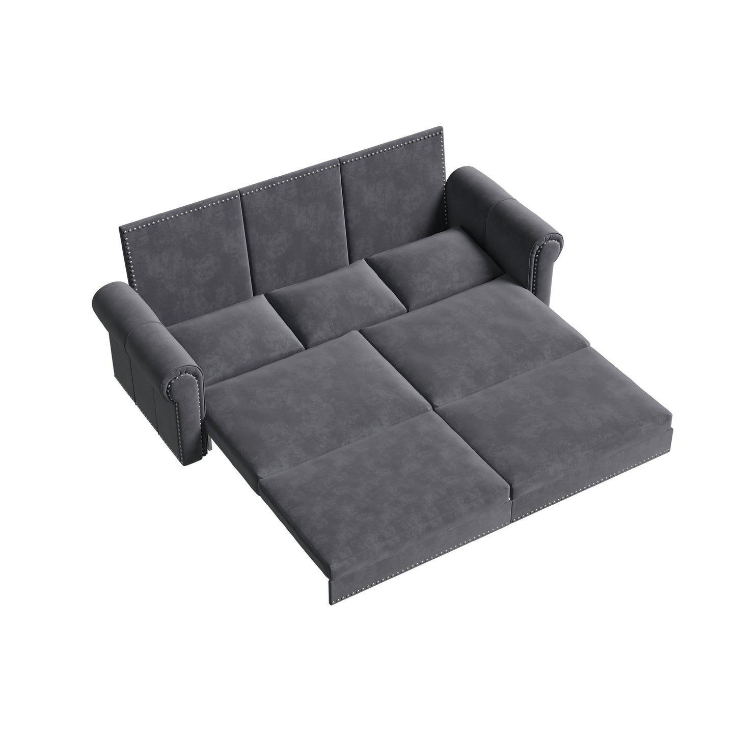King Pull Out Sofa Bed, Chesterfield Sofa, 3 In 1 Velvet Convertible Sleeper Sofa With Nailhead Trim & Rolled Arm Multifunctional Sofa Bed For Living Room - Gray