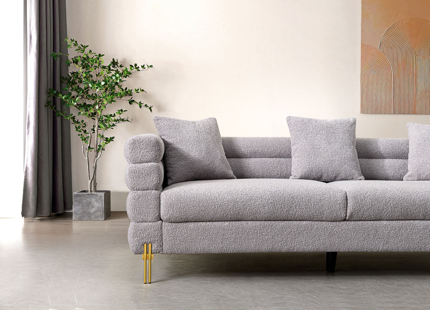 Luxurious And Comfortable Upholstered Sofa With Golden Legs And Pillows For Living Room And Reception Area - Gray