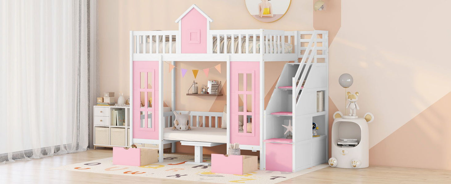 Twin Over Twin Bunk Bed With Changeable Table, Bunk Bed Turn Into Upper Bed And Down Desk - Pink