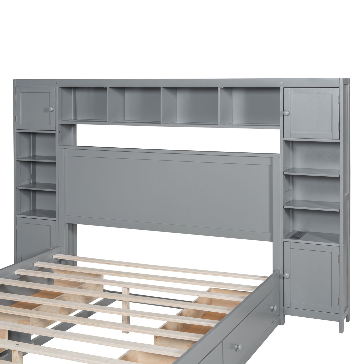 Queen Size Bed With All In One Cabinet, Shelf And Sockets - Gray