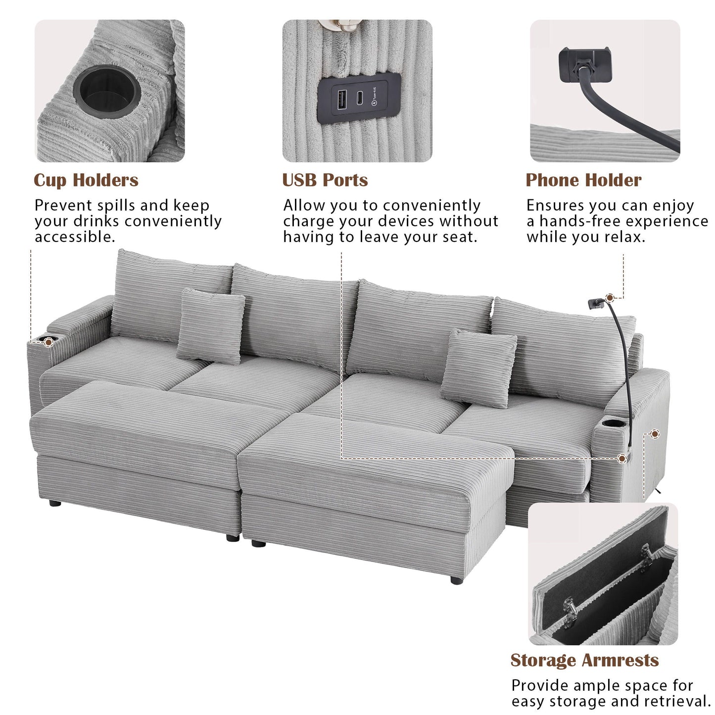 Modern Style 4 - Seater Sofa Sectional Sofa Couch With Storage Space, Two Movable Ottomans, Two USB Ports, Two Cup Holders, A Phone Holder For Living Room - Gray