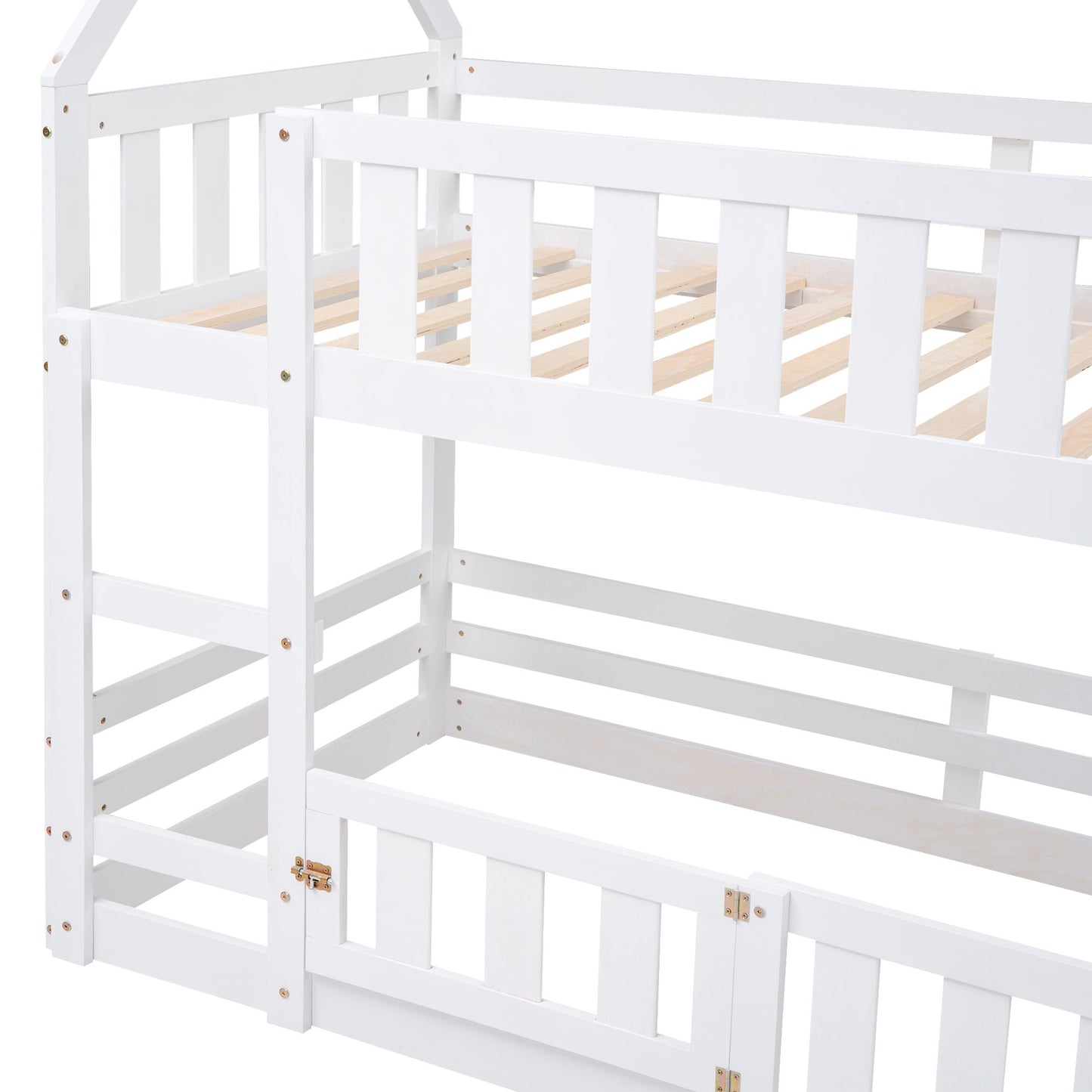 Twin Over Twin House Bunk Bed With Fence And Door - White