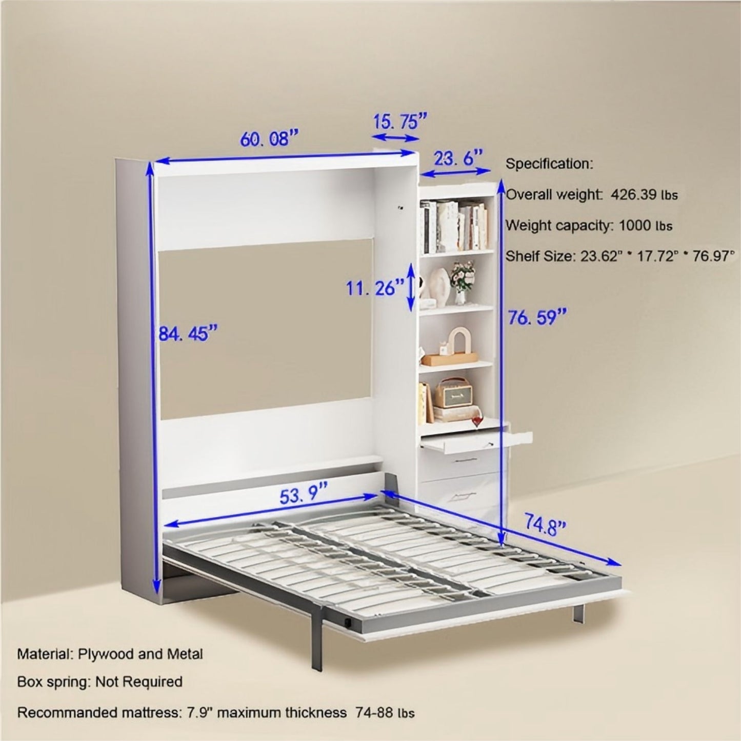 Morden Deisgn Full Size Vertical Murphy Bed With Shelf And Drawers For Bedroom Or Guestroom Wall Bed Space Saving Hidden Bed With New Style Gas Struts - White