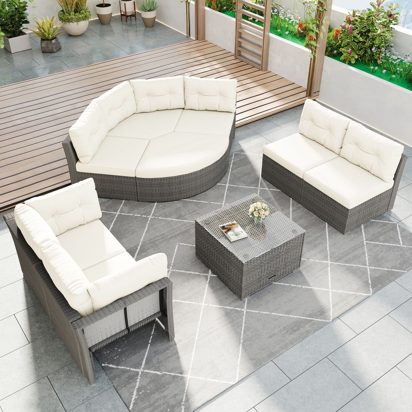 Patio Furniture Set Outdoor Daybed Rattan Sectional With Cushions And Center Table - Beige