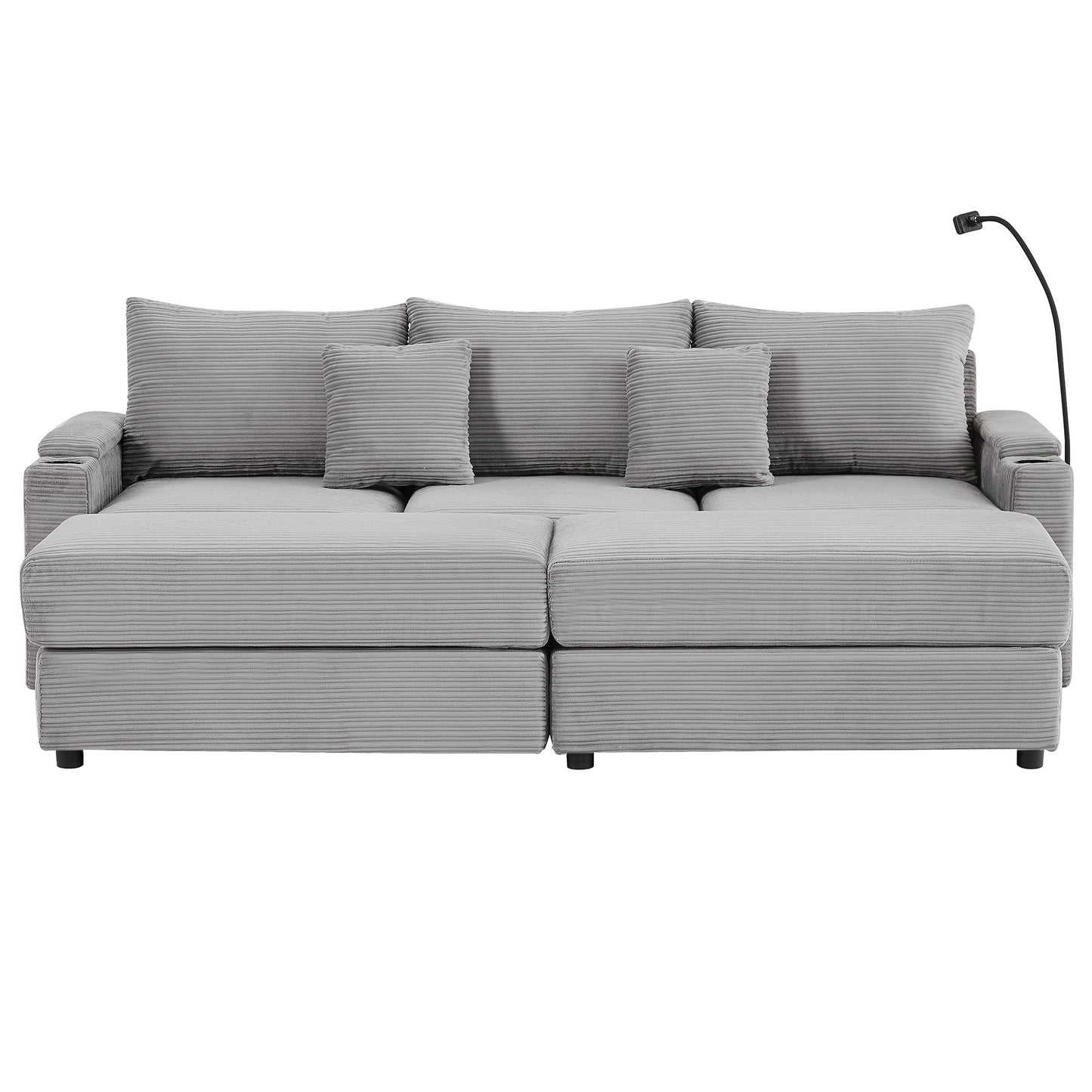 Modern Style 3 - Seater Sofa Sectional Sofa Couch With Storage Space, Two Movable Ottomans, Two USB Ports, Two Cup Holders, A Phone Holder For Living Room - Gray