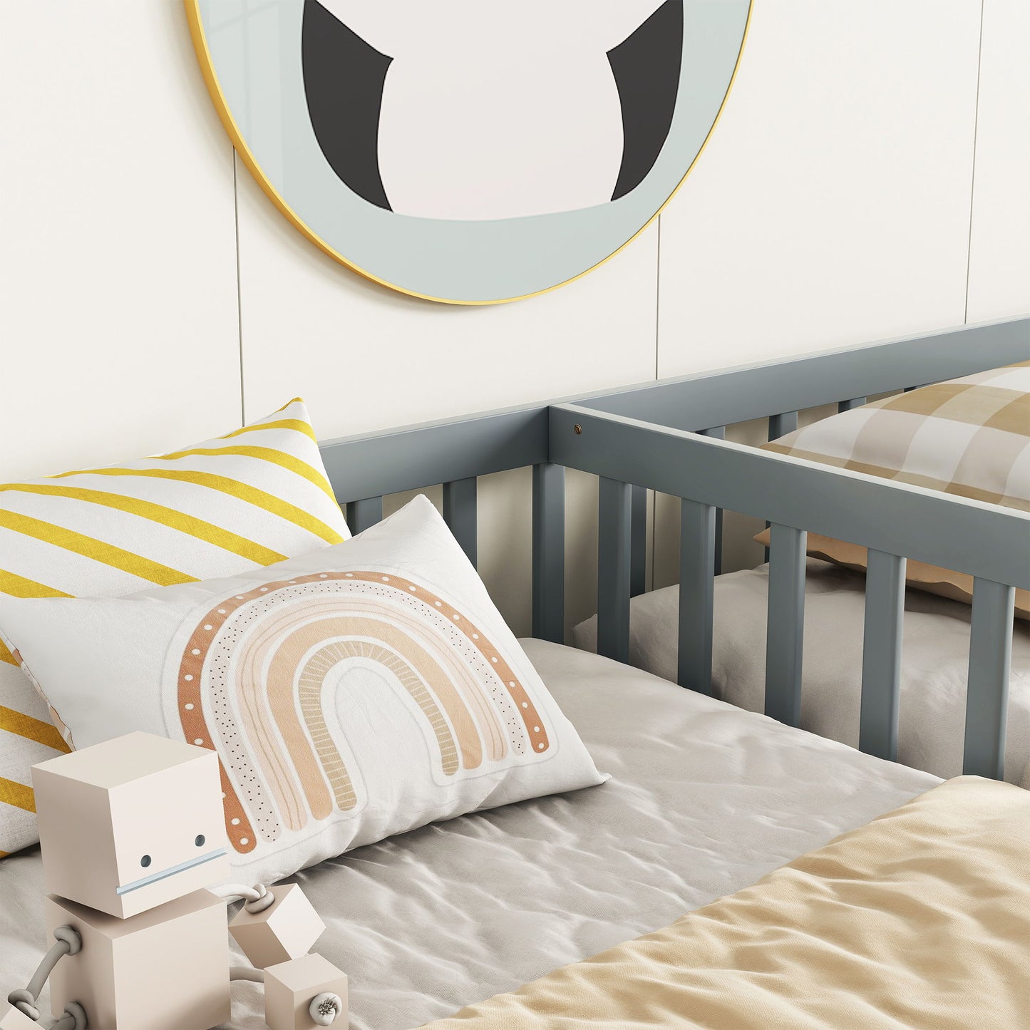 Double Twin Floor Bed With Fence, Guardrails, Without Door - Gray