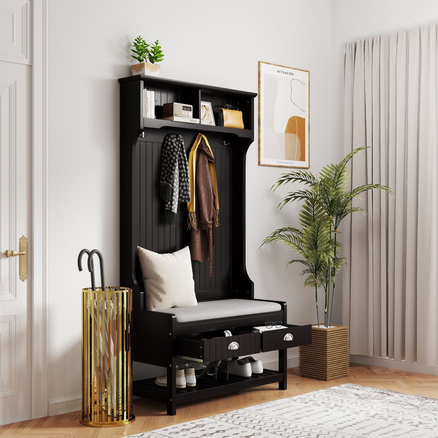 3 In 1 Wooden Hallway Hall Tree With Storage Drawers, Coat Rack, Shoe Rack Bench, And Cushion - Amber Graphite / Black