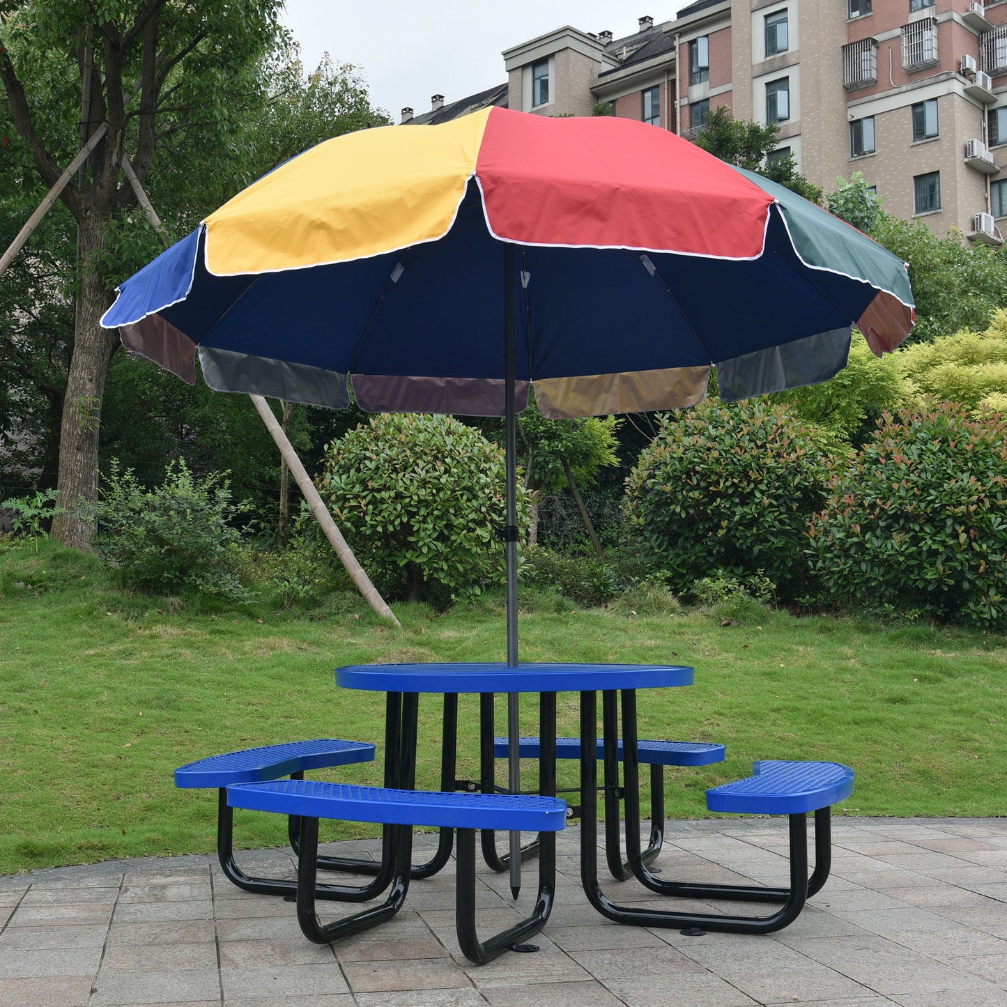 Round Outdoor Steel Picnic Table With Umbrella Pole - Blue