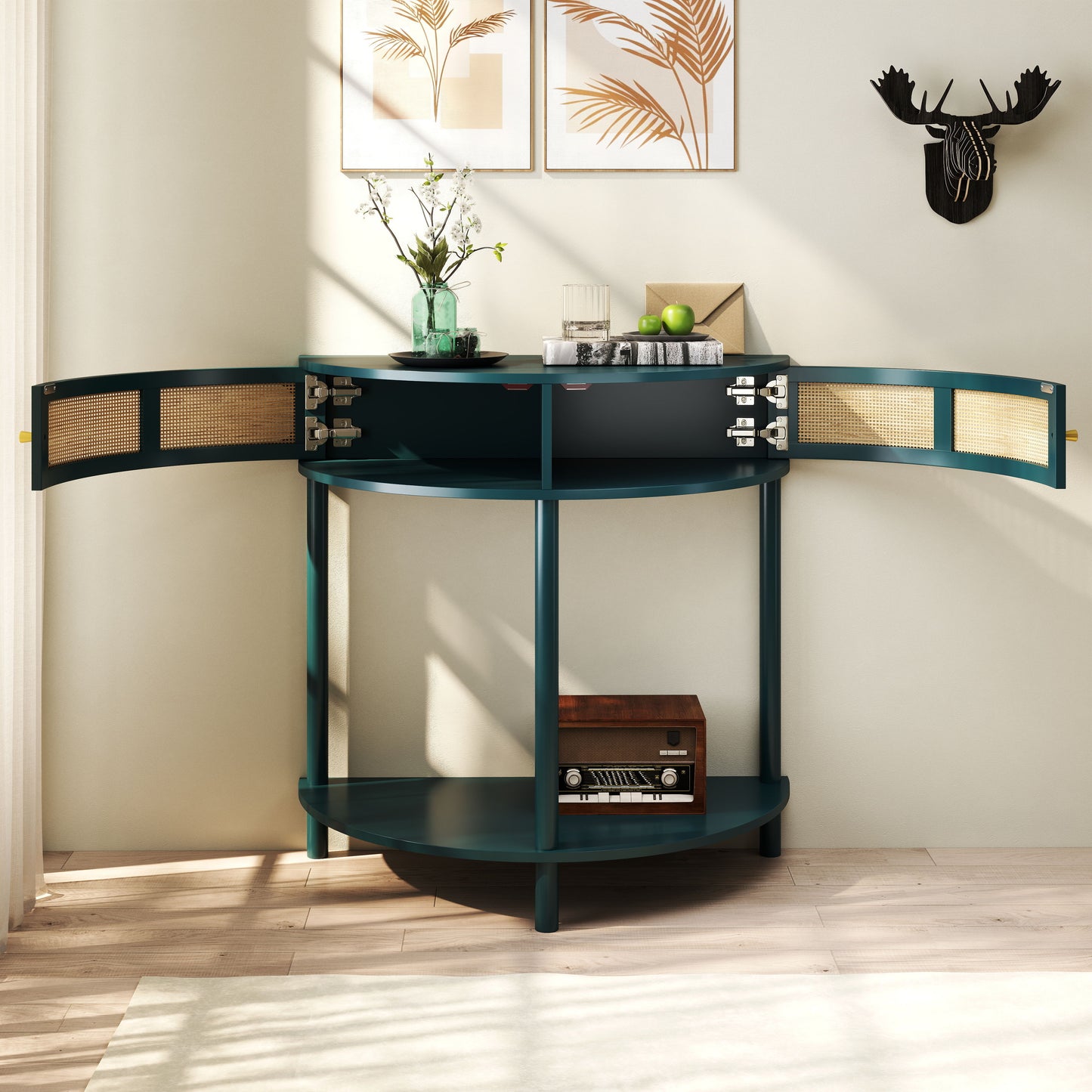 Boho Rattan Semi Circle End Table With Sliding Rattan Door, Elegant Entryway Console With Storage And Bottom Shelf - Antique Green