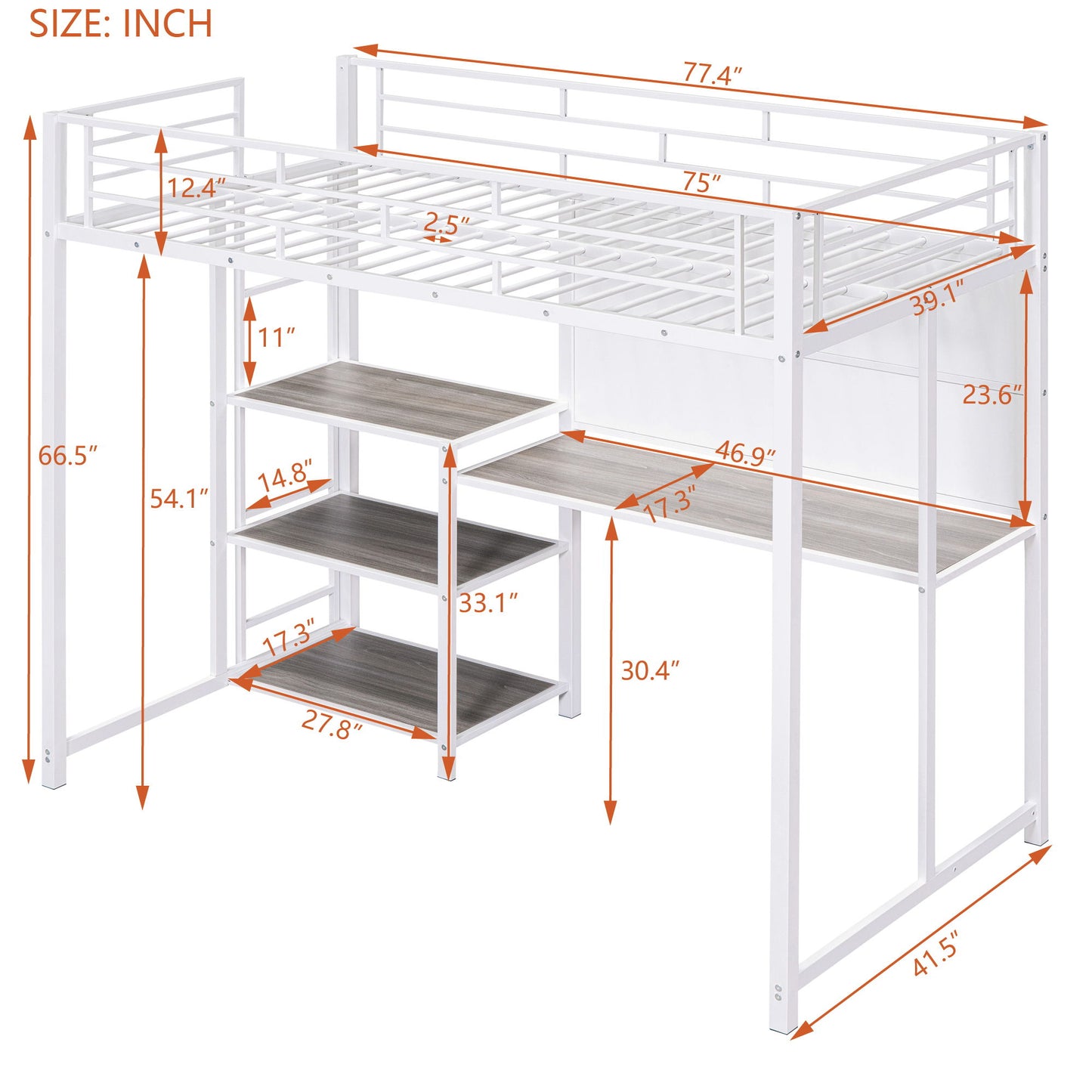 Twin Size Loft Bed With Desk And Whiteboard, Loft Bed With 3 Shelves And Ladder - White