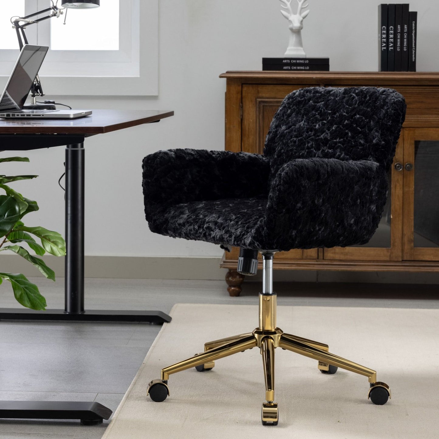Office Chair, Artificial Rabbit Hair Home Office Chair With Golden Metal Base, Adjustable Desk Chair Swivel Office Chair, Vanity Chair - Black