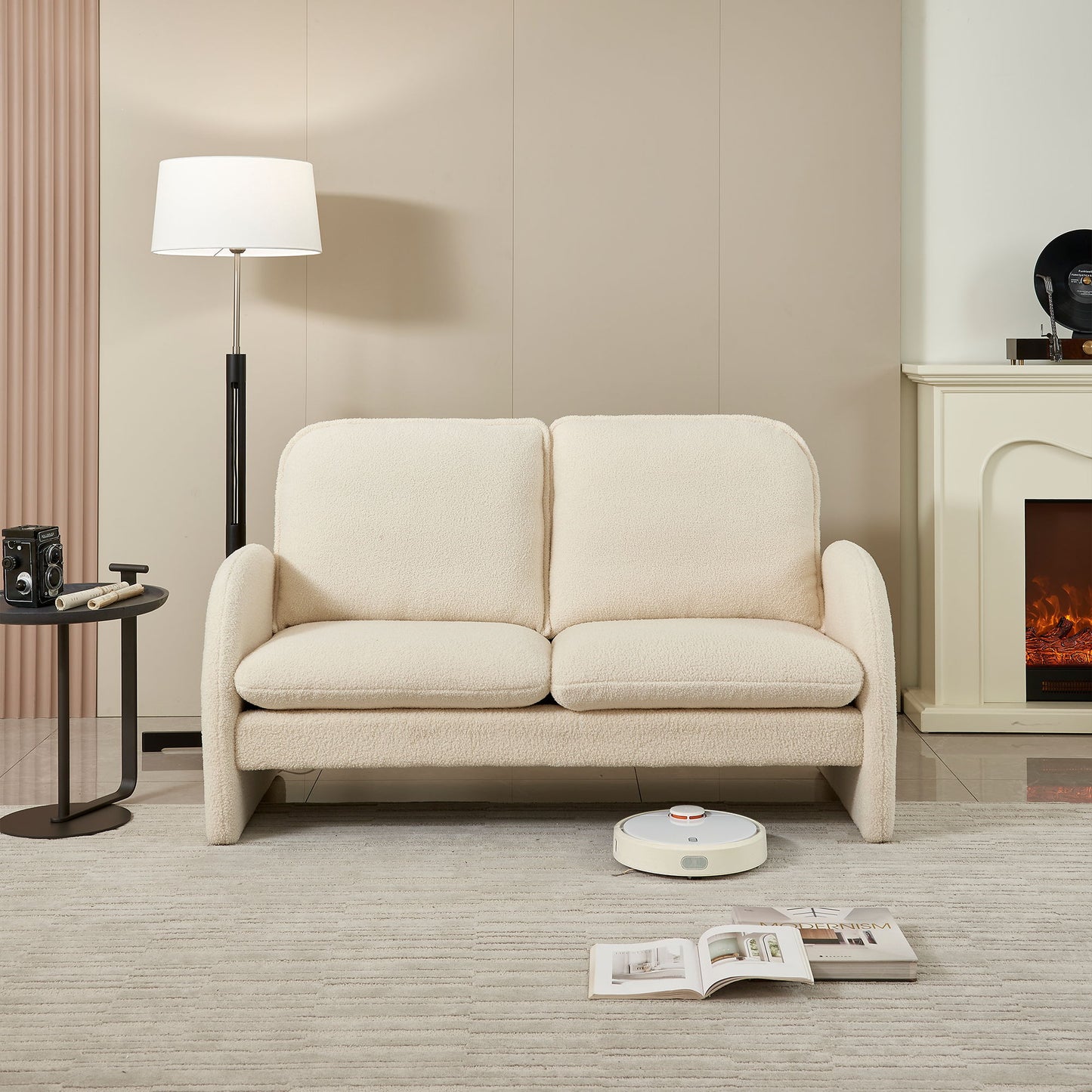 Loveseat Sofa Small Couch For Living Room, Sherpa Fabric Upholstered Loveseat Sofa Couch, Small Loveseat Sofa For Apartment, Bedroom - Beige