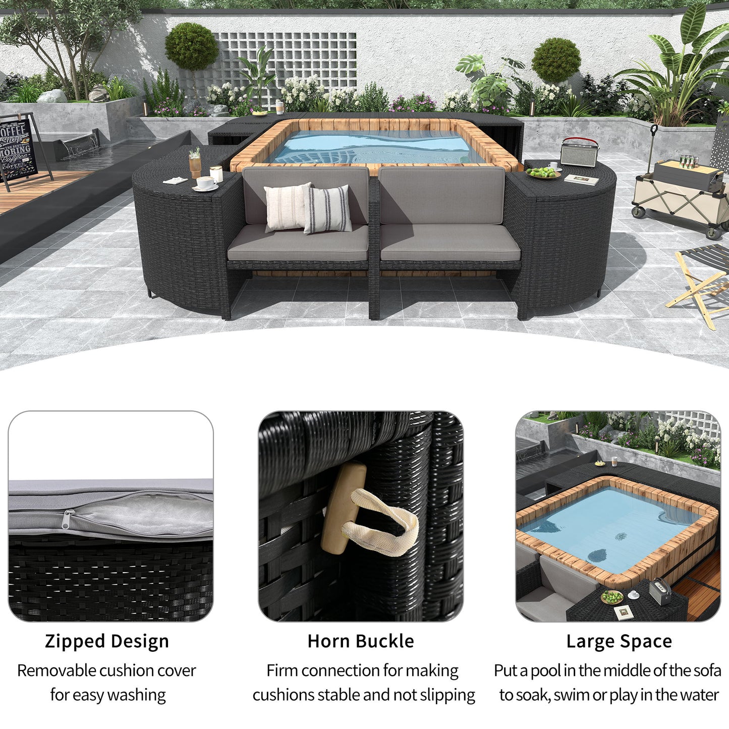 Spa Surround Spa Frame Quadrilateral Outdoor Rattan Sectional Sofa Set With Mini Sofa, Wooden Seats And Storage Spaces - Gray