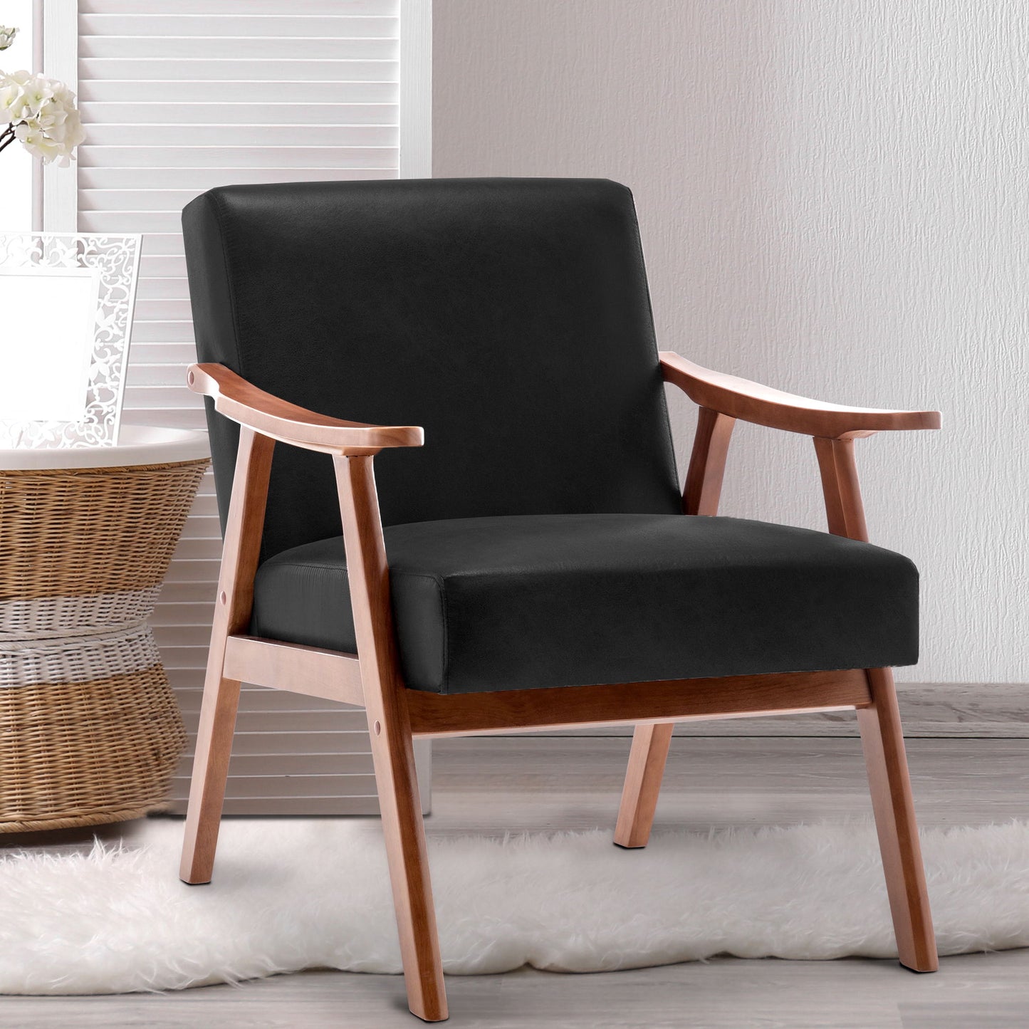 Mid Century Modern Wingback Accent Chair With Solid Wood Frame And Extra Thick Backrest - Lounge Chair For Living Room, Bedroom, Or Reading Room - Black