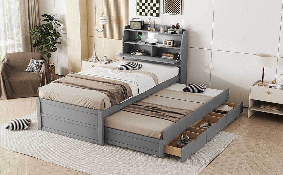 Twin Size LED Platform Bed With Trundle With Storage Headboard With Drawers - Gray