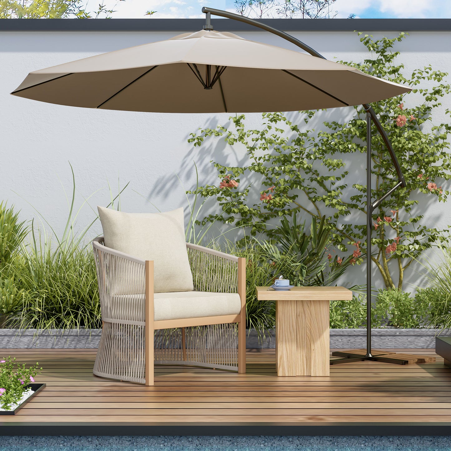 Modern Lounge Chair With Curved Aluminum Frame, Rope Weave Design, And Cushioned Comfort For Outdoor Living - Beige / Natural