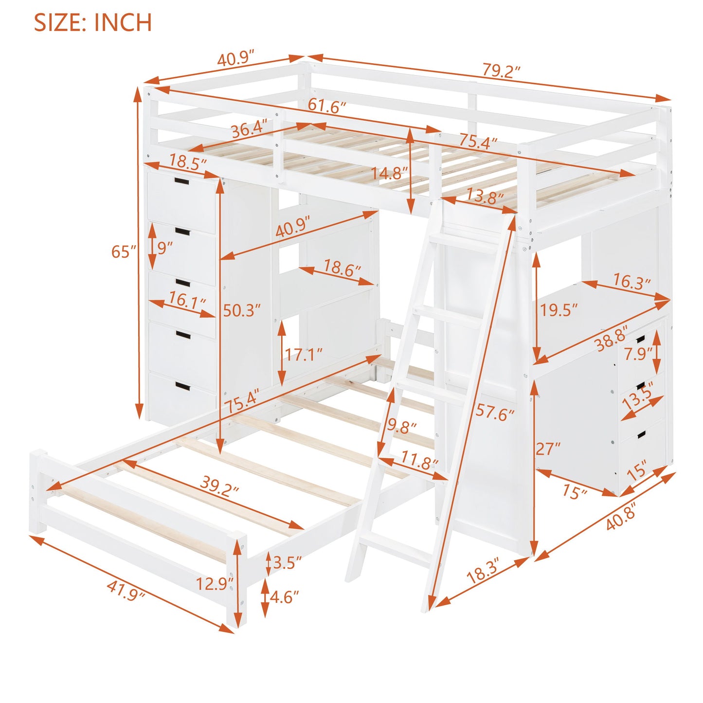 Twin Over Twin Bunk Bed With LED Light And USB Ports - White