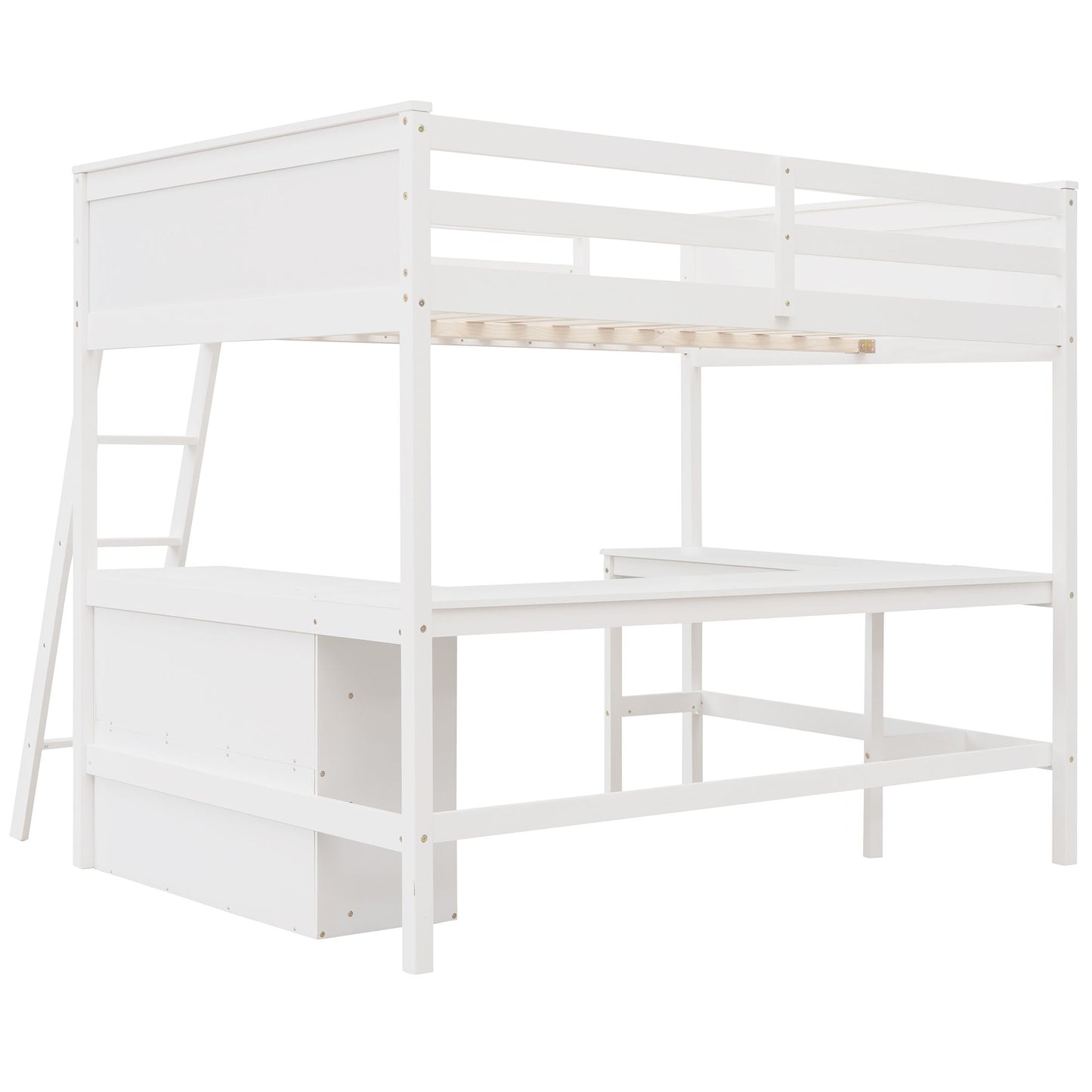 Full Size Loft Bed With Shelves With Desk - White