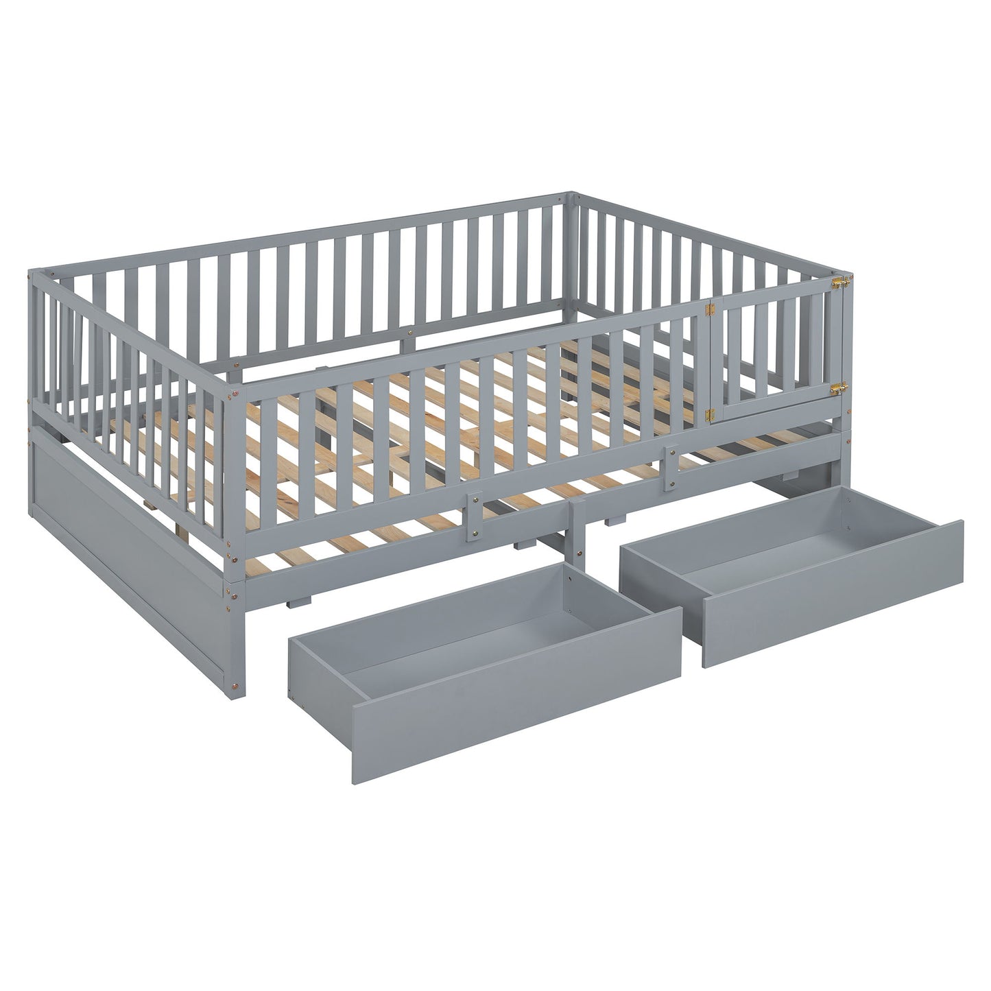 Full Size Daybed With Fence Guardrails And 2 Drawers - Gray