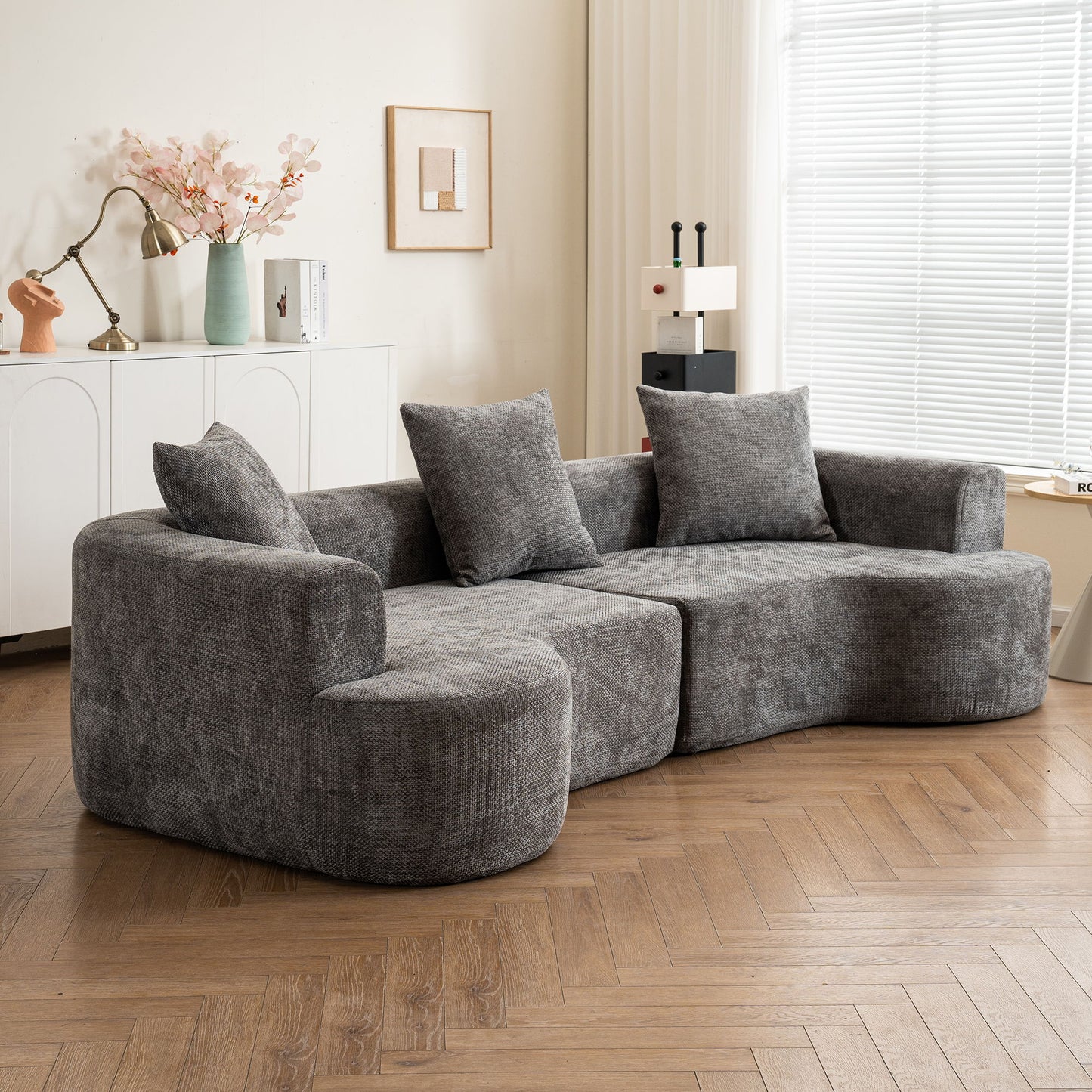 Modern Style Curved Sofa, Soft Cushioned Corduroy Sofa With 3 Pillows, Living Room Super Smooth Curved Fabric Sofa - Gray