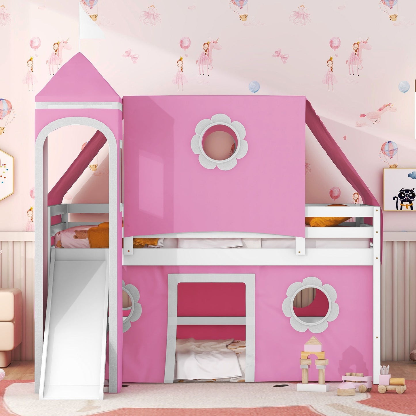 Full Size Loft Bed With Slide And Tent Tower Space Saving Fun Design For Kids - Pink