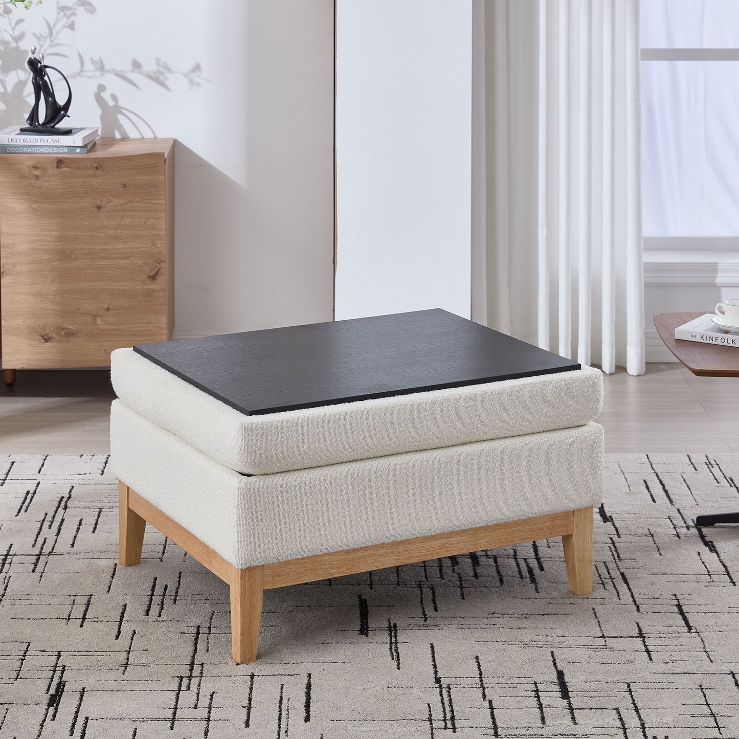 Upholstered Storage Ottoman With Reversible Lid Coffee Table, Foot Stool Square Footrest With Rubberwood Legs For Living Room Bedroom Entryway And Office - Ivory