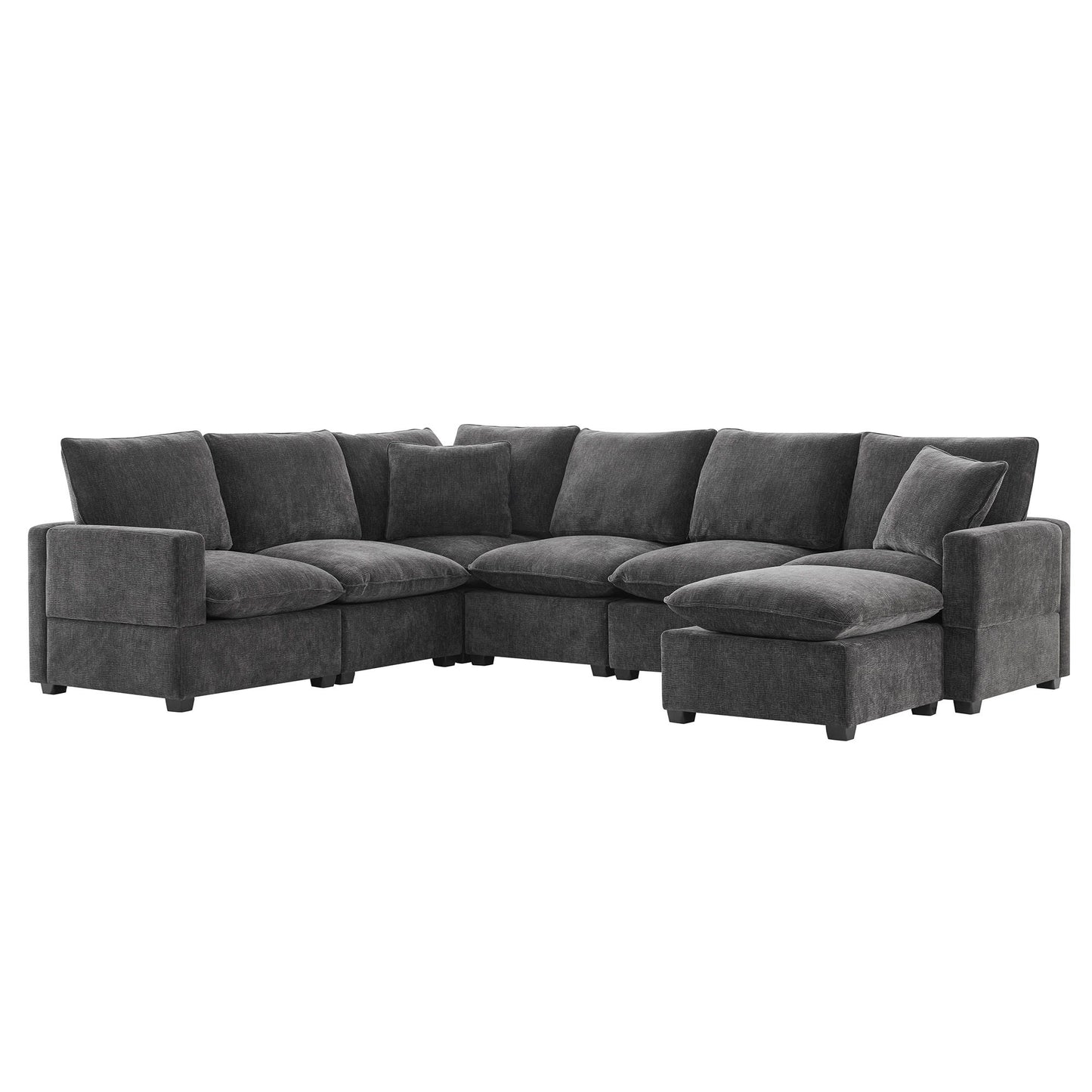 Modern U-Shape Modular Sofa, 7 Seat Chenille Sectional Couch Set With 2 Pillows Included, Freely Combinable Indoor Funiture - Black / Gray