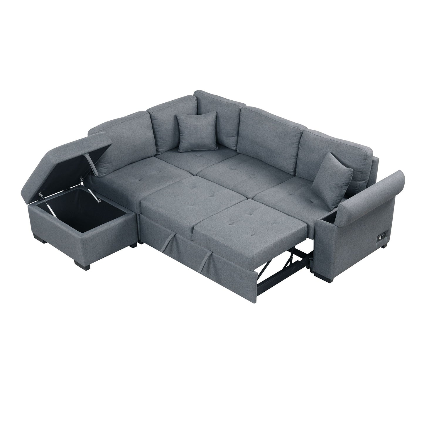 Sleeper Sectional Sofa, L-Shape Corner Couch Sofa - Bed With Storage Ottoman & Hidden Arm Storage & USB Charge For Living Room Apartment - Dark Gray