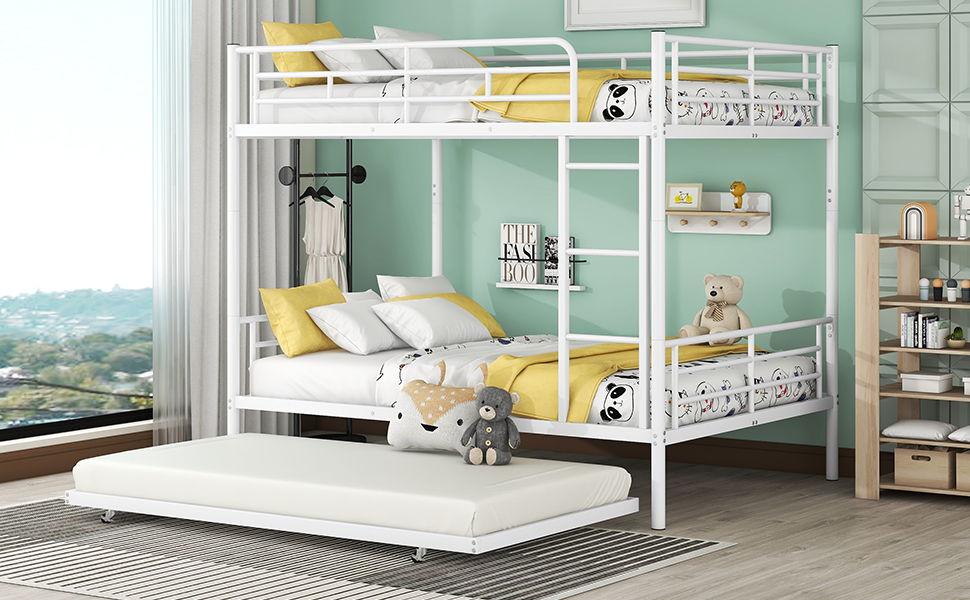 Full Over Full Metal Bunk Bed With Trundle - White