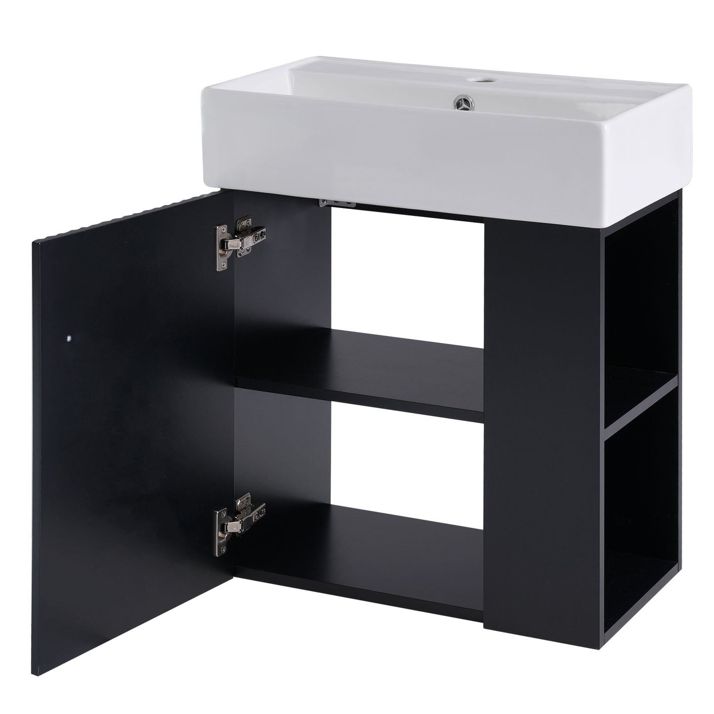 Modern Floating Bathroom Vanity With Ceramic Basin, Perfect For Small Bathrooms, Right Side Storage - Black
