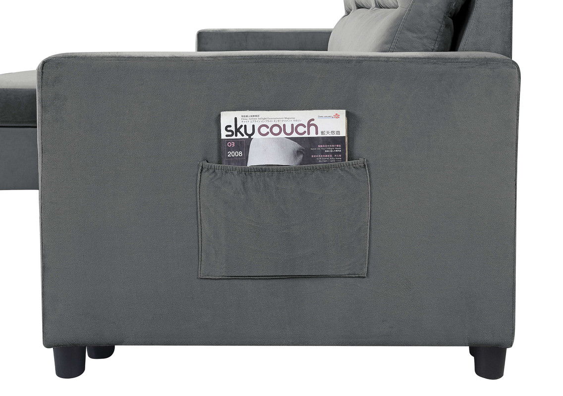 Ivy - Velvet Reversible Sleeper Sectional Sofa With Storage Chaise And Side Pocket - Dark Gray