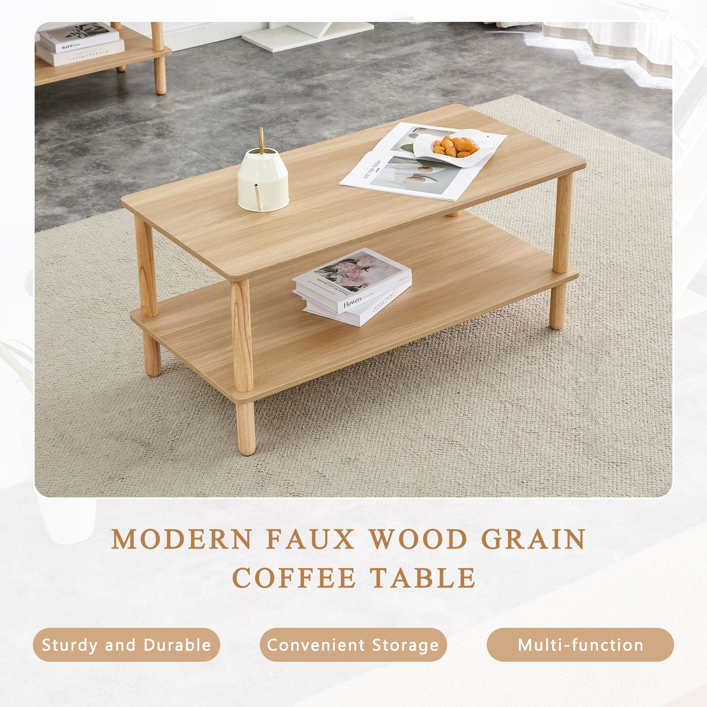 Modern 2 Tier Coffee Table For Living Room Furniture, Rectangular Center Table With Open Storage Shelf, Rounded Rubberwood Legs, Stable And Durable - Burly Wood