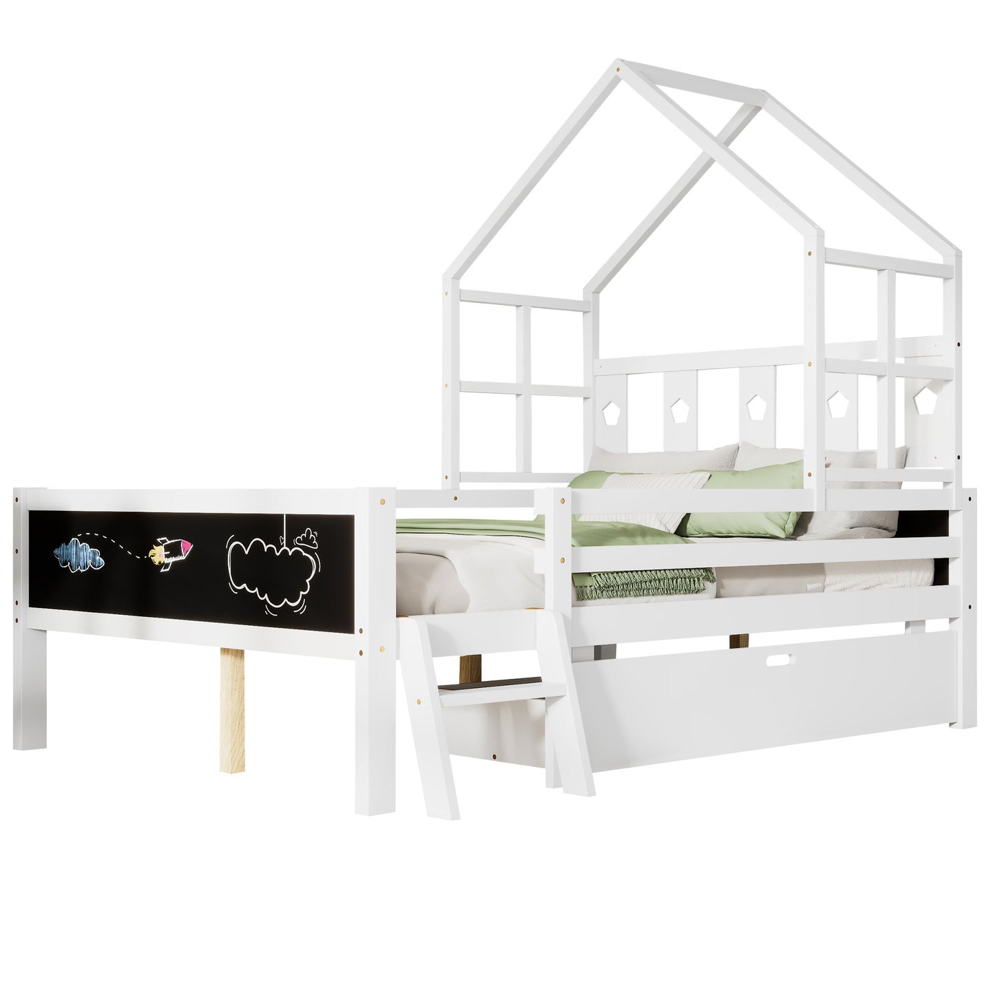 Full Size House Bed With Ladder And Storage Drawers Platform With Blackboard, No Box Spring - White