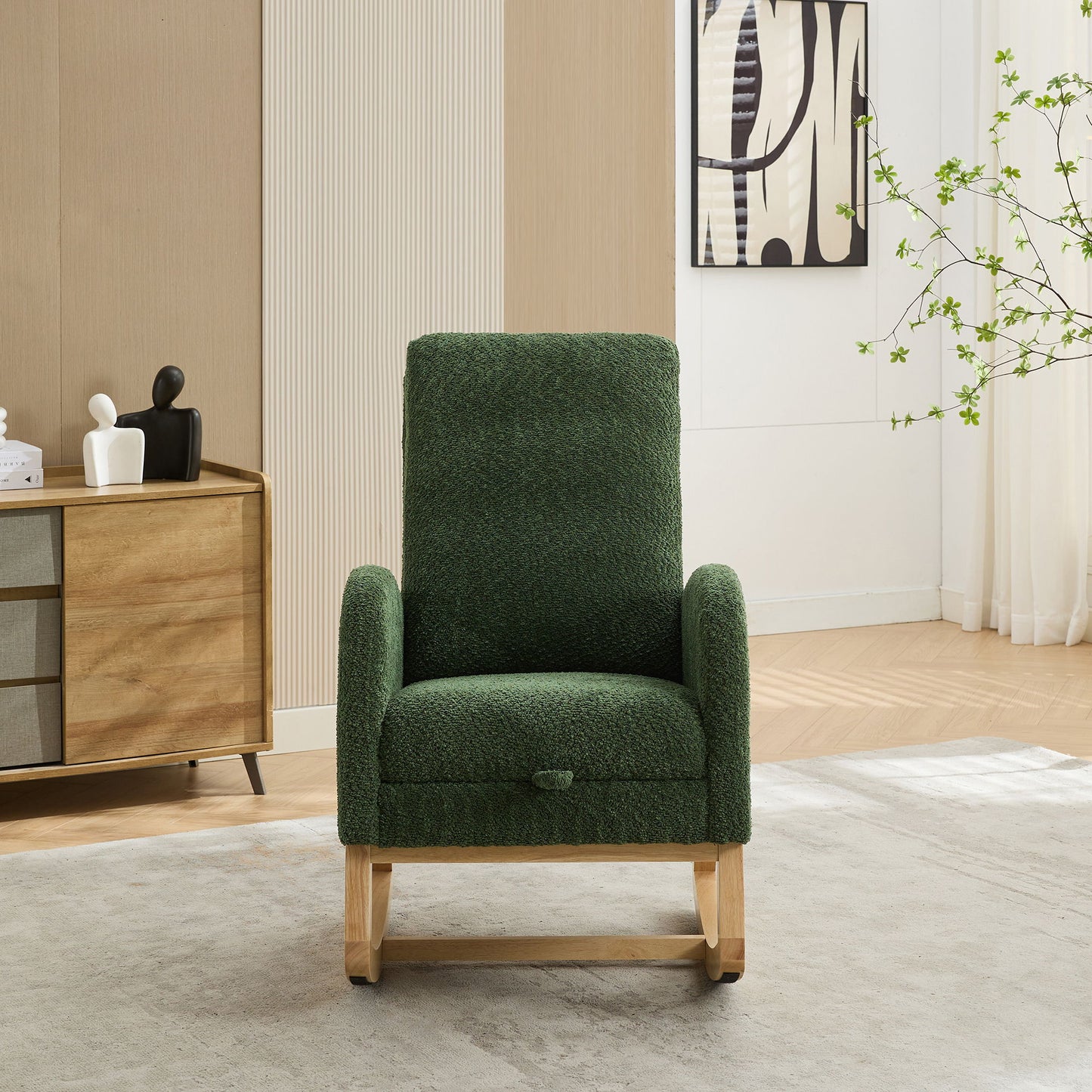 Boucle High Back Glider Rocking Chair With Retractable Footrest And Rubber Wood Legs For Nursery And Living Room - Green