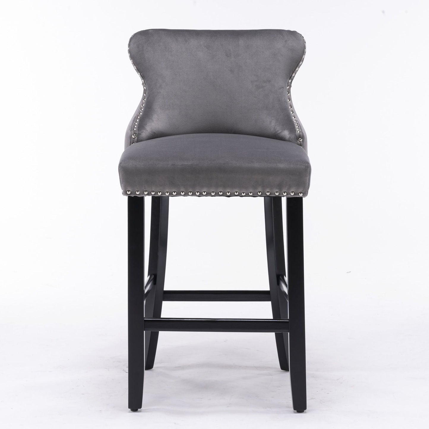 Contemporary Velvet Upholstered Wing-Back Barstools With Button Tufted Decoration And Wooden Legs, And Chrome Nailhead Trim, Leisure Style Bar Chairs, Bar Stools (Set of 4) - Gray