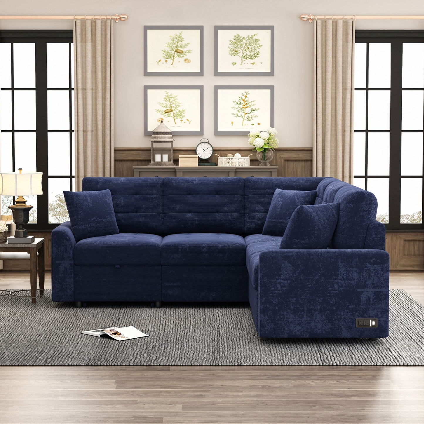L-Shape Sofa Bed Pull-Out Sleeper Sofa With Wheels, USB Ports, Power Sockets For Living Room - Navy Blue