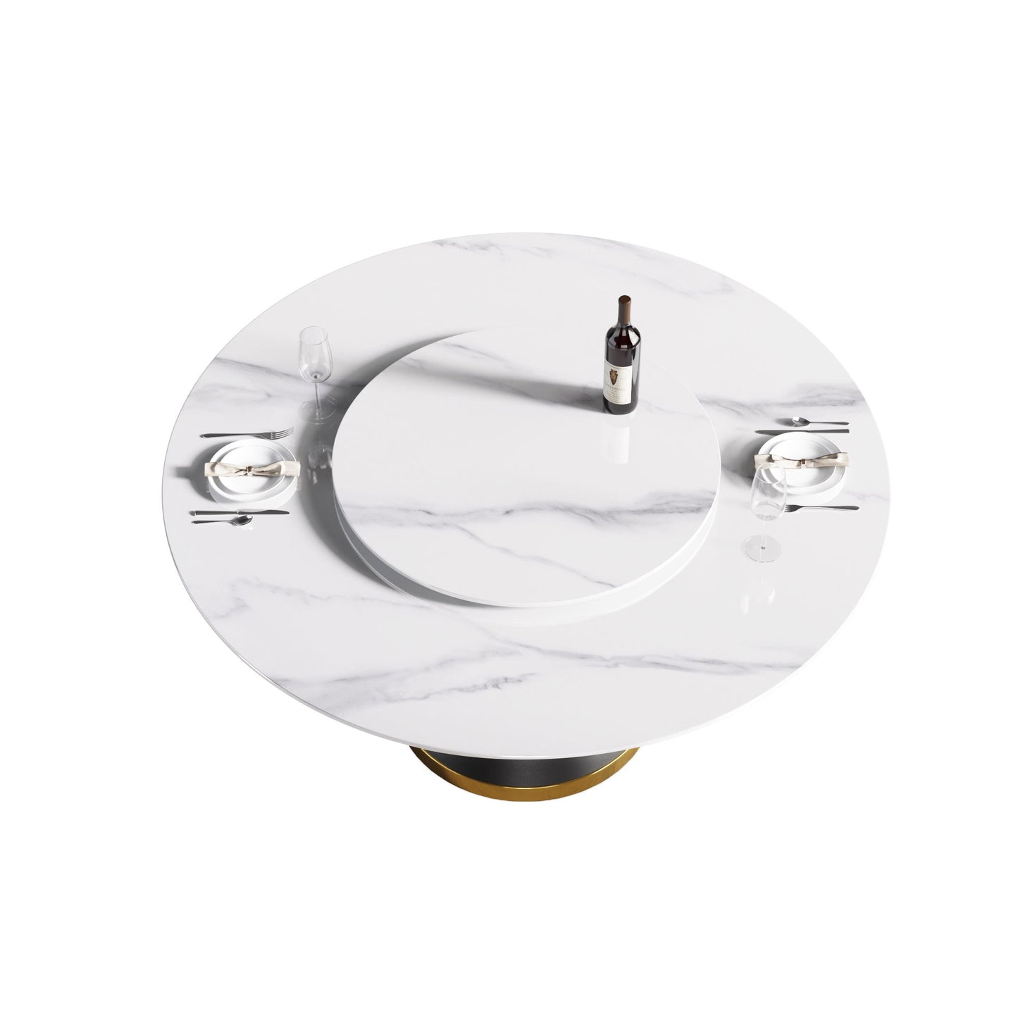 59.05" Modern Artificial Stone Round Carbon Steel Base Dining Table, White Artificial Stone Turntable - White / Black