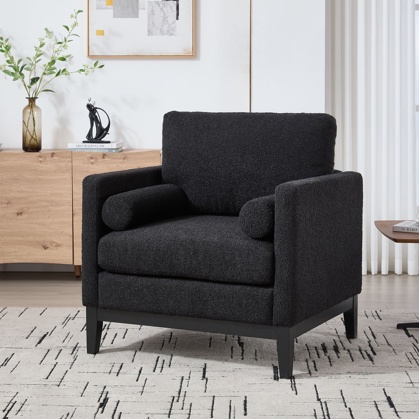 Wide Modern Farmhouse Performance Accent Chair With Black Legs, Wood Base Reading Armchair Single Sofa With 2 Bolster Pillows For Living Room Offices And Lounge - Black