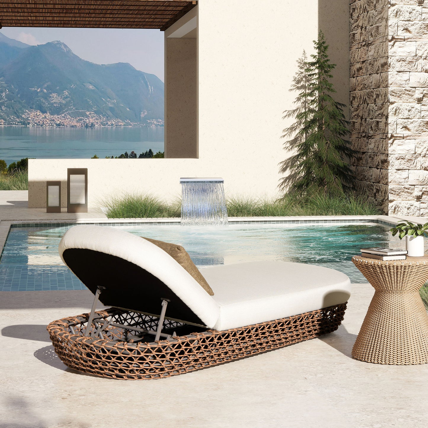 Willow - Sunbrella Upholstered Woven Patio Lounger, Wicker Frame - Wheat Beige / Golden Brown
