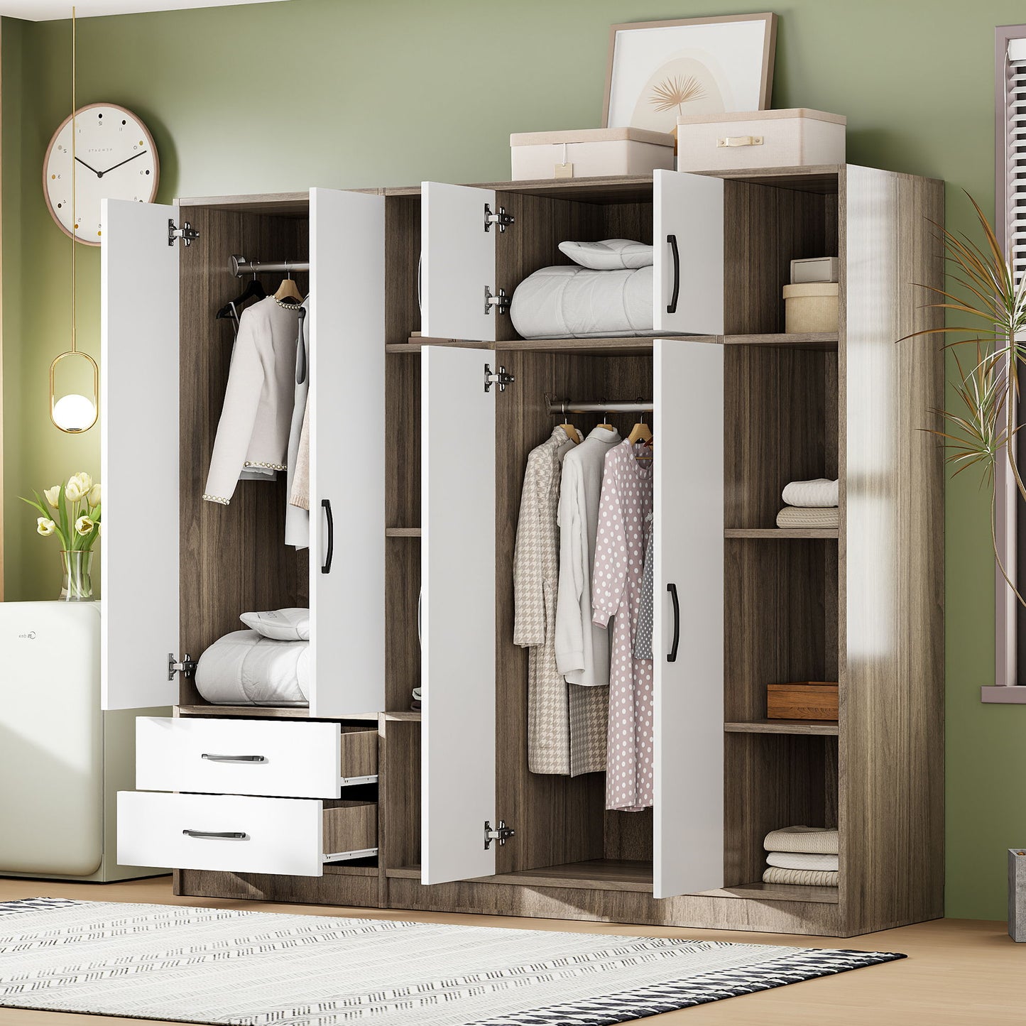 6 Door Wardrobe With Shelves And Drawers - Natural